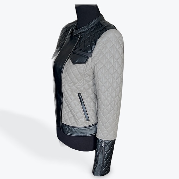 BCBGMAXAZRIA 'Keith' Quilted Lamb Leather Moto Jacket (Black/Taupe) Small $998 - Picture 2 of 9